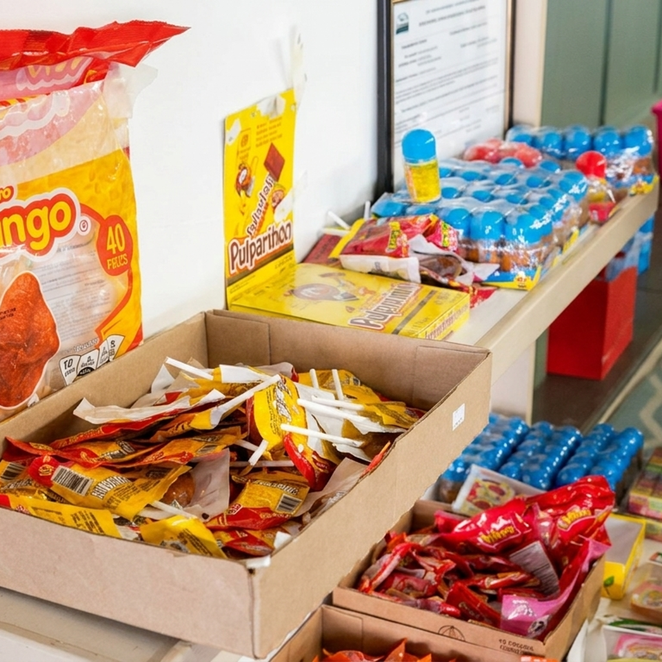 Snack display featuring mango treats, candy packets, bottled drinks, and assorted packaged goods on tables beside a patterned hallway.