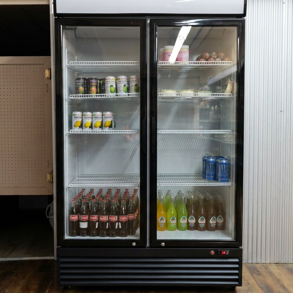Glass-door beverage cooler stocked with bottled sodas, colorful drinks, canned beverages, and water against corrugated metal walls.