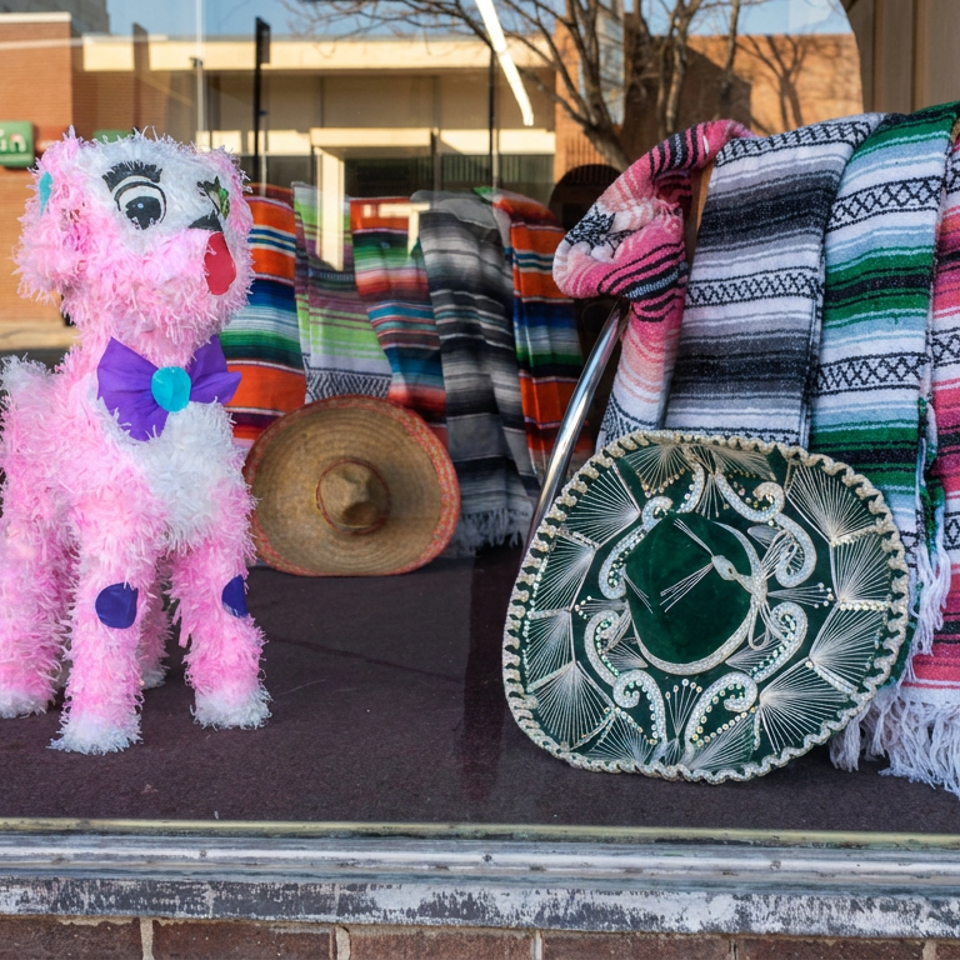 Restaurant window display featuring a pink donkey piñata, colorful woven blankets, sombreros, and a decorative green sombrero.