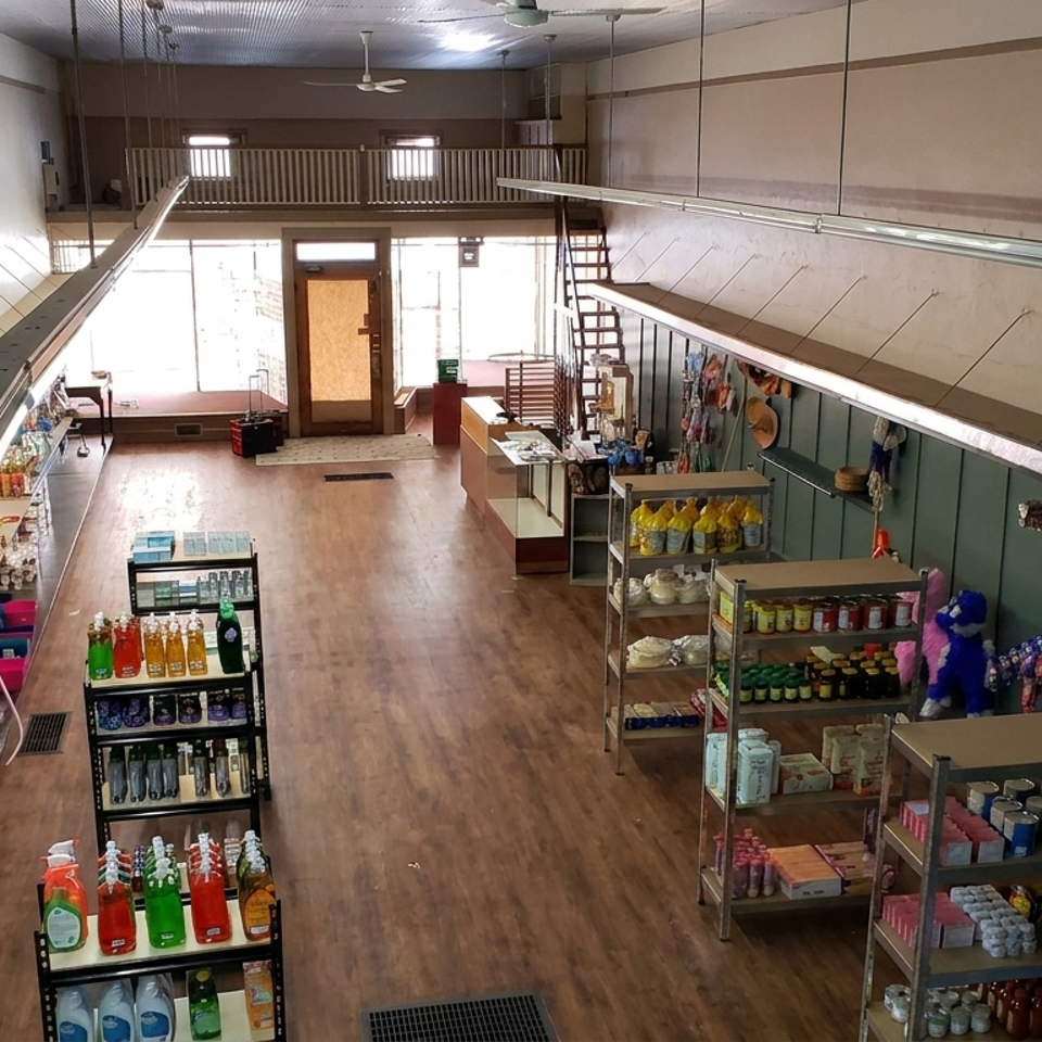 Spacious two-level grocery market interior with stocked shelves, refrigerated drinks, snacks, and a balcony overlooking the store.